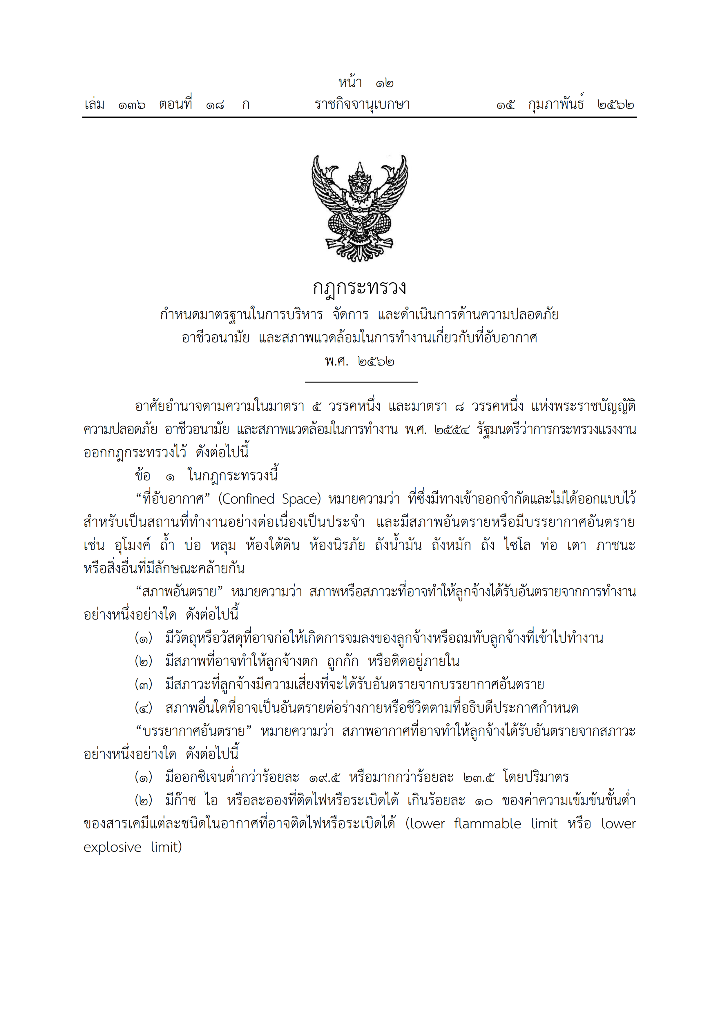 กฎกระทรวงกำหนดมาตรฐานในการบริหาร จัดการ และดำเนินการด้านความปลอดภัย อาชีวอนามัย และสภาพแวดล้อมในการทำงานเกี่ยวกับที่อับอากาศ พ.ศ.2562